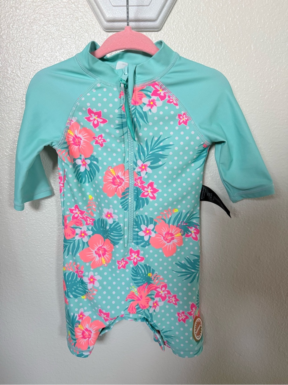 Girls' Aqua Floral Zip-Front One-Piece Swim Suit